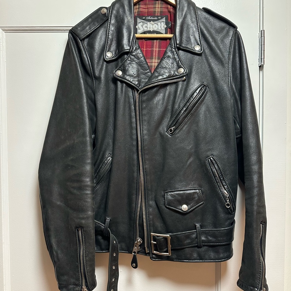 Schott Black Leather Biker Jacket - Vintage Fitted Cowhide